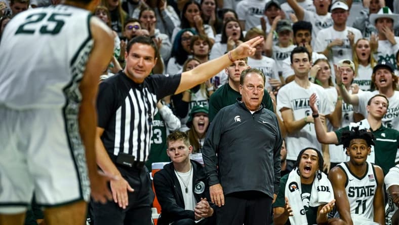Michigan State's head coach Tom Izzo, right, reacts as a referee call for James Madison possession after the ball went off Malik Hall during overtime on Monday, Nov. 6, 2023, in East Lansing.