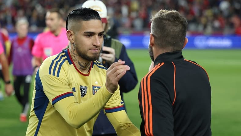 Nov 6, 2023; Sandy, Utah, USA; Real Salt Lake forward Cristian Arango (9) following the victory against Houston Dynamo at America First Field. Mandatory Credit: Rob Gray-USA TODAY Sports