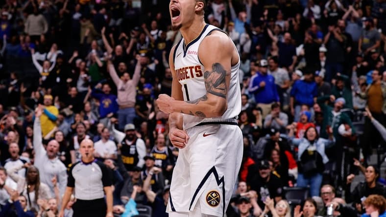 Nov 6, 2023; Denver, Colorado, USA; Denver Nuggets forward Michael Porter Jr. (1) reacts after a play in the fourth quarter against the New Orleans Pelicans at Ball Arena. Mandatory Credit: Isaiah J. Downing-USA TODAY Sports