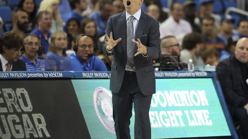 Nov 6, 2023; Los Angeles, California, USA;  UCLA Bruins head coach Mick Cronin reacts to a play during the second half against the St. Francis (Pa) Red Flash at Pauley Pavilion presented by Wescom. Mandatory Credit: Kiyoshi Mio-USA TODAY Sports