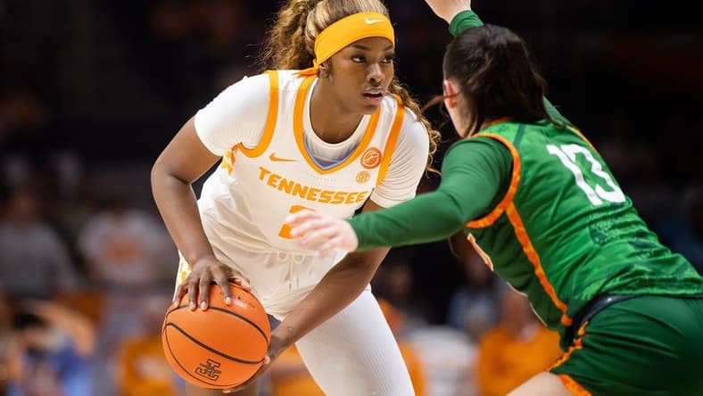 Tennessee forward Rickea Jackson (2) is defended by Florida A&M guard Ivet Subirats (13) during a game between Tennessee and Florida A&M in Knoxville on Tuesday, November 7, 2023.