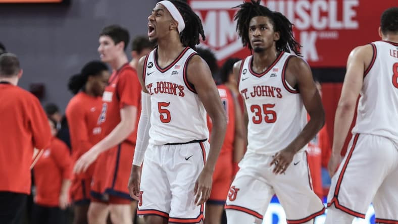 Nov 7, 2023; Queens, New York, USA; St. John's Red Storm guard Daniss Jenkins (5) celebrates with his teammates after a timeout is called by the Stony Brook Seawolves in the first half at Carnesecca Arena. Mandatory Credit: Wendell Cruz-USA TODAY Sports