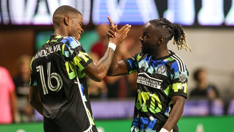 Nov 7, 2023; Atlanta, Georgia, USA; Atlanta United forward
Xande Silva (16) celebrates with midfielder Tristan Muyumba (8) after scoring a goal in the first half against Columbus Crew at Mercedes-Benz Stadium. Mandatory Credit: Brett Davis -USA TODAY Sports