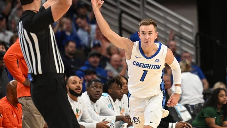 Nov 7, 2023; Omaha, Nebraska, USA;  Creighton Bluejays guard Steven Ashworth (1) celebrates a three-point basket against the Florida A&M Rattlers at CHI Health Center Omaha. Mandatory Credit: Steven Branscombe-USA TODAY Sports