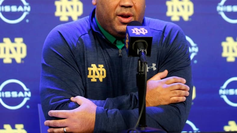 Notre Dame men's basketball head coach Micah Shrewsberry speaks during a signing day press conference Wednesday, Nov. 8, 2023, at Notre Dame Stadium in South Bend.
