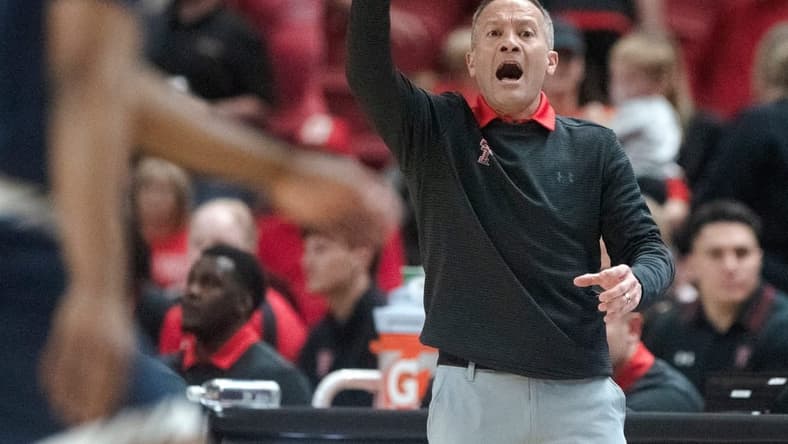 Texas Tech's head coach Grant McCasland calls a play during the first home game against Texas A&M-Commerce, Wednesday, Nov. 8, 2023, at United Supermarkets Arena.