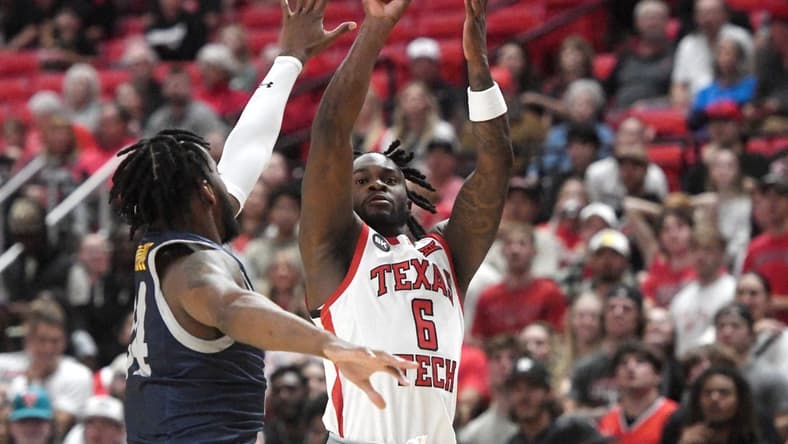 Texas Tech's guard Joe Toussaint (6) shoots the ball against Texas A&M-Commerce in the first home game of the season, Wednesday, Nov. 8, 2023, at United Supermarkets Arena.