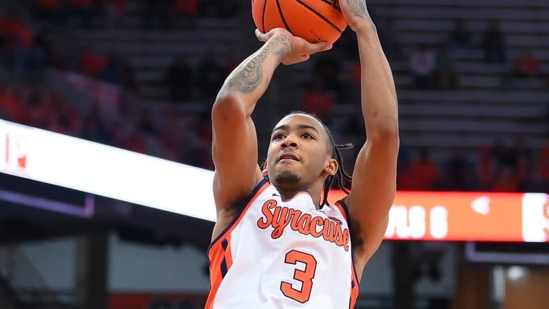 Nov 6, 2023; Syracuse, New York, USA; Syracuse Orange guard Judah Mintz (3) shoots the ball against the New Hampshire Wildcats during the second half at the JMA Wireless Dome. Mandatory Credit: Rich Barnes-USA TODAY Sports