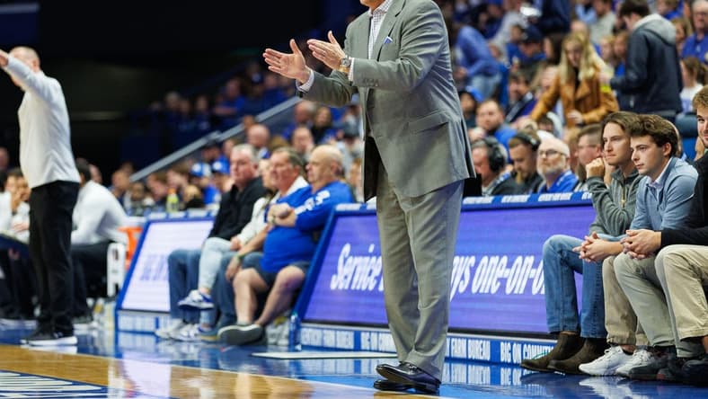 Nov 10, 2023; Lexington, Kentucky, USA; Kentucky Wildcats head coach John Calipari coaches during the first half against the Texas A&M Commerce Lions at Rupp Arena at Central Bank Center. Mandatory Credit: Jordan Prather-USA TODAY Sports