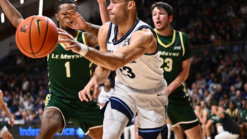 Nov 10, 2023; Villanova, Pennsylvania, USA; Villanova Wildcats forward Tyler Burton (23) passes the ball against the Le Moyne Dolphins in the first half at William B. Finneran Pavilion. Mandatory Credit: Kyle Ross-USA TODAY Sports