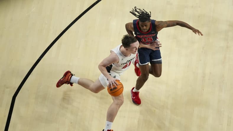 Nov 10, 2023; Cincinnati, Ohio, USA;  Cincinnati Bearcats guard Simas Lukosius (41) drives to the basket against Detroit Mercy Titans guard Marcus Tankersley (35) in the first half at Fifth Third Arena. Mandatory Credit: Aaron Doster-USA TODAY Sports