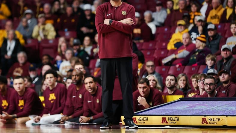 Nov 10, 2023; Minneapolis, Minnesota, USA; Minnesota Golden Gophers head coach Ben Johnson looks on during the first half against the Texas-San Antonio Roadrunners at Williams Arena. Mandatory Credit: Matt Krohn-USA TODAY Sports