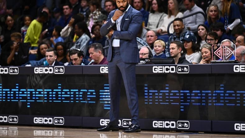 Nov 10, 2023; Villanova, Pennsylvania, USA; Villanova Wildcats head coach Kyle Neptune looks on against the Le Moyne Dolphins in the second half at William B. Finneran Pavilion. Mandatory Credit: Kyle Ross-USA TODAY Sports