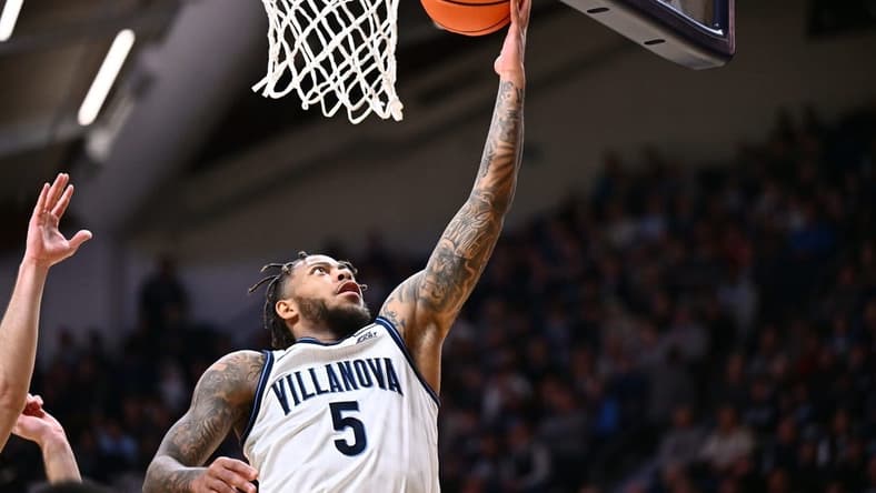 Nov 10, 2023; Villanova, Pennsylvania, USA; Villanova Wildcats guard Justin Moore (5) shoots against the Le Moyne Dolphins in the first half at William B. Finneran Pavilion. Mandatory Credit: Kyle Ross-USA TODAY Sports