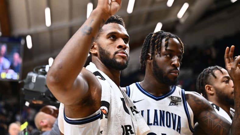 Nov 10, 2023; Villanova, Pennsylvania, USA; Villanova Wildcats forward Eric Dixon (43) celebrates with teammates after the game against the Le Moyne Dolphins at William B. Finneran Pavilion. Mandatory Credit: Kyle Ross-USA TODAY Sports