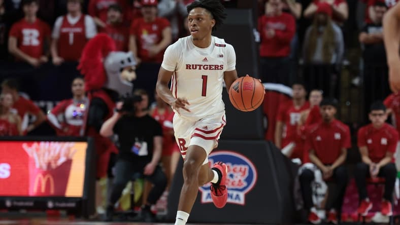 Nov 10, 2023; Piscataway, New Jersey, USA; Rutgers Scarlet Knights guard Jamichael Davis (1) dribbles up court  during the second half against the Boston University Terriers at Jersey Mike's Arena. Mandatory Credit: Vincent Carchietta-USA TODAY Sports