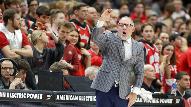 Nov 10, 2023; Columbus, Ohio, USA;  Texas A&M Aggies head coach Buzz Williams calls a play during the second half against the Ohio State Buckeyes at Value City Arena. Mandatory Credit: Joseph Maiorana-USA TODAY Sports