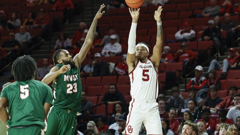 Nov 10, 2023; Norman, Oklahoma, USA; Oklahoma Sooners guard Rivaldo Soares (5) shoots against Mississippi Valley State Delta Devils during the second half at Lloyd Noble Center. Mandatory Credit: Alonzo Adams-USA TODAY Sports