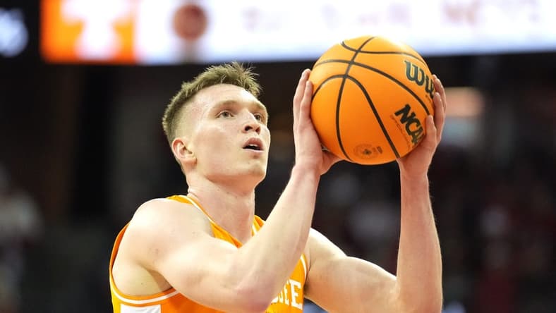Nov 10, 2023; Madison, Wisconsin, USA; Tennessee Volunteers guard Dalton Knecht (3) shoots a free throw during the first half against the Wisconsin Badgers at the Kohl Center. Mandatory Credit: Kayla Wolf-USA TODAY Sports
