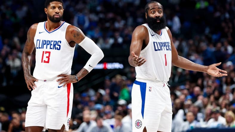 Nov 10, 2023; Dallas, Texas, USA;  LA Clippers guard James Harden (1) and LA Clippers forward Paul George (13) react against during the second half against the Dallas Mavericks at American Airlines Center. Mandatory Credit: Kevin Jairaj-USA TODAY Sports