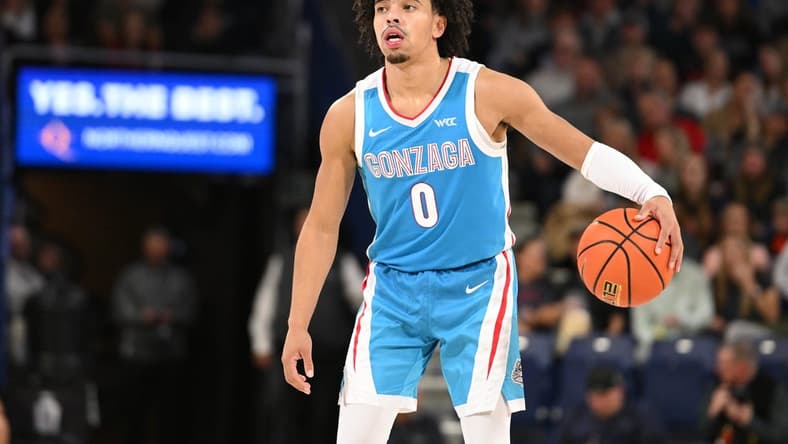 Nov 10, 2023; Spokane, Washington, USA; Gonzaga Bulldogs guard Ryan Nembhard (0) controls the ball against the Yale Bulldogs in the second half at McCarthey Athletic Center. Gonzaga Bulldogs won 86-71. Mandatory Credit: James Snook-USA TODAY Sports