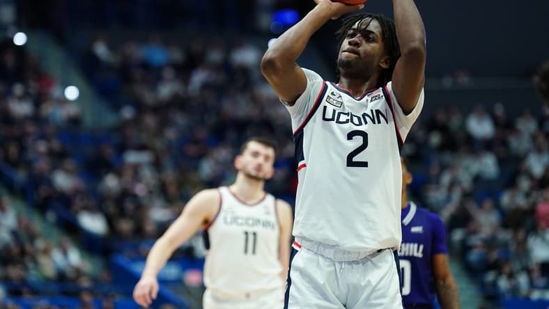 Nov 11, 2023; Hartford, Connecticut, USA; UConn Huskies guard Tristen Newton (2) shoots a free throw against the Stonehill Skyhawks in the second half at XL Center. Mandatory Credit: David Butler II-USA TODAY Sports