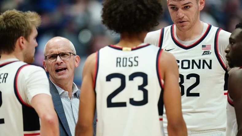 Nov 11, 2023; Hartford, Connecticut, USA; UConn Huskies head coach Dan Hurley talks to his players from the sideline as they take on the Stonehill Skyhawks at XL Center. Mandatory Credit: David Butler II-USA TODAY Sports