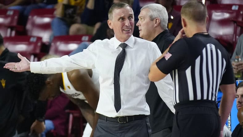 November 11, 2023; Tempe, Ariz.; USA; ASU head coach Bobby Hurley argues with an official during the season opener against Texas Southern at Desert Financial Arena.