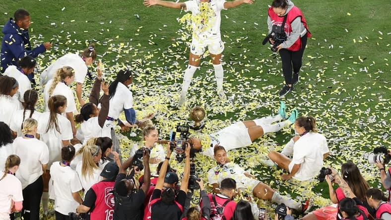 Nov 11, 2023; San Diego, California, USA; New Jersey/New York Gotham FC celebrate after winning the 2023 NWSL Championship match against OL Reign at Snapdragon Stadium. Mandatory Credit: Jessica Alcheh-USA TODAY Sports