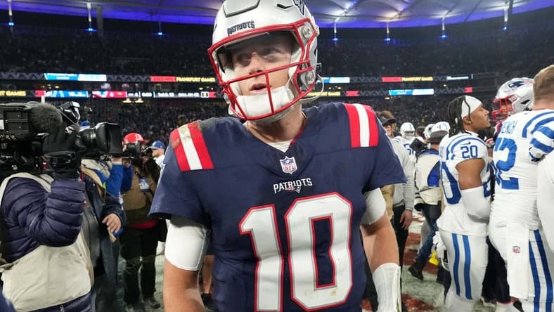Nov 12, 2023; Frankfurt, Germany; New England Patriots quarterback Mac Jones (10) leaves the field after an NFL International Series game against the Indianapolis Colts at Deutsche Bank Park. Mandatory Credit: Kirby Lee-USA TODAY Sports