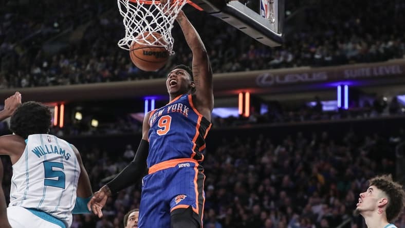 Nov 12, 2023; New York, New York, USA; New York Knicks guard RJ Barrett (9) dunks in the second quarter against the Charlotte Hornets at Madison Square Garden. Mandatory Credit: Wendell Cruz-USA TODAY Sports
