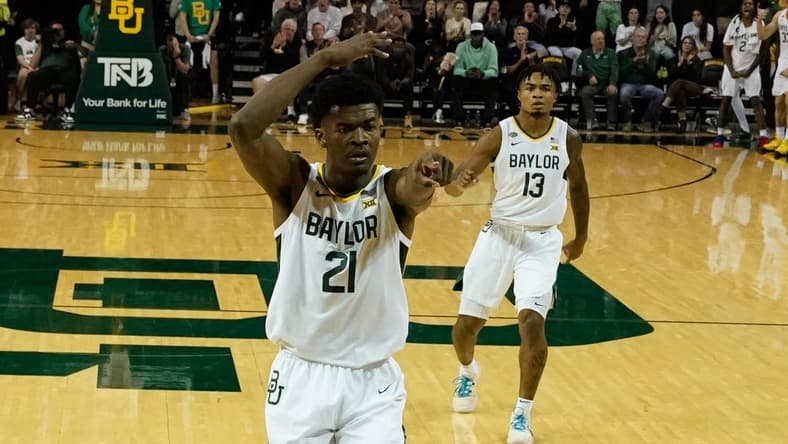 Nov 12, 2023; Waco, Texas, USA;  Baylor Bears center Yves Missi (21) receives a technical foul for taunting against the Gardner Webb Runnin Bulldogs during the first half at Ferrell Center. Mandatory Credit: Chris Jones-USA TODAY Sports