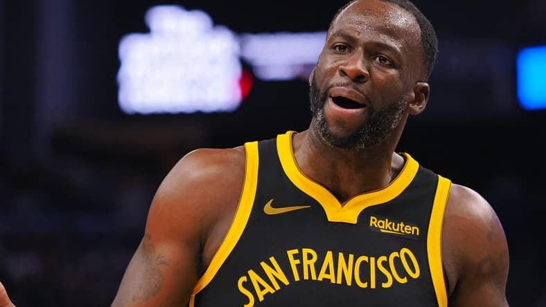 Nov 12, 2023; San Francisco, California, USA; Golden State Warriors forward Draymond Green (23) reacts after a call against the Minnesota Timberwolves during the second quarter at Chase Center. Mandatory Credit: Kelley L Cox-USA TODAY Sports