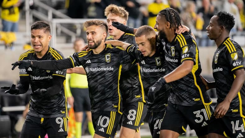 Nov 12, 2023; Columbus, Ohio, USA;
Columbus Crew celebrates after their fourth goal during their game against the Atlanta United in game three of their series on Sunday, Nov. 12, 2023 at Lower.com Field.