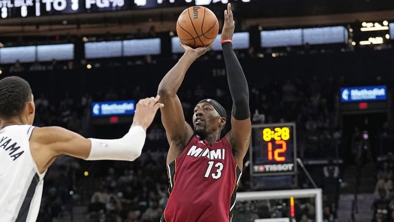 Nov 12, 2023; San Antonio, Texas, USA; Miami Heat center Bam Adebayo (13) shoots during the second half against the San Antonio Spurs at Frost Bank Center. Mandatory Credit: Scott Wachter-USA TODAY Sports