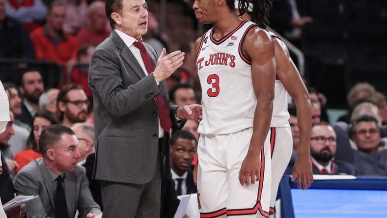 Nov 13, 2023; New York, New York, USA; St. John's Red Storm head coach Rick Pitino talks to guard Jordan Dingle (3) during a timeout in the second half against the Michigan Wolverines at Madison Square Garden. Mandatory Credit: Wendell Cruz-USA TODAY Sports