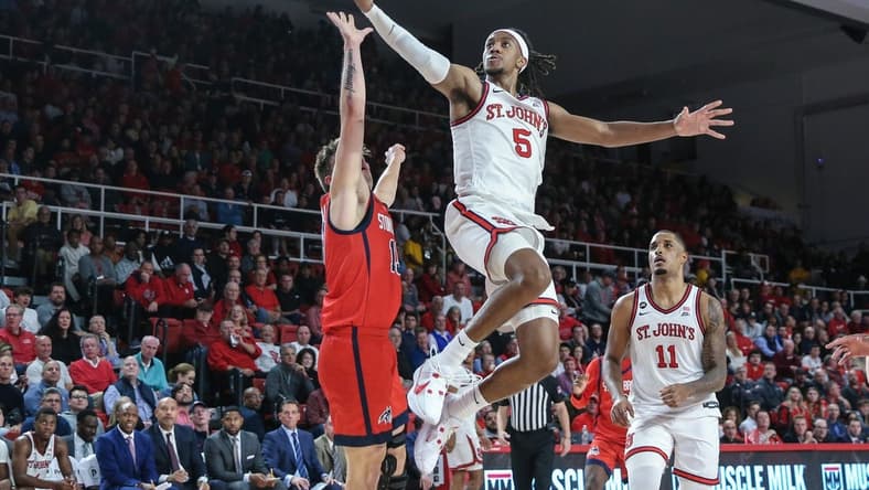 Nov 7, 2023; Queens, New York, USA;  St. John's Red Storm guard Daniss Jenkins (5) at Carnesecca Arena. Mandatory Credit: Wendell Cruz-USA TODAY Sports