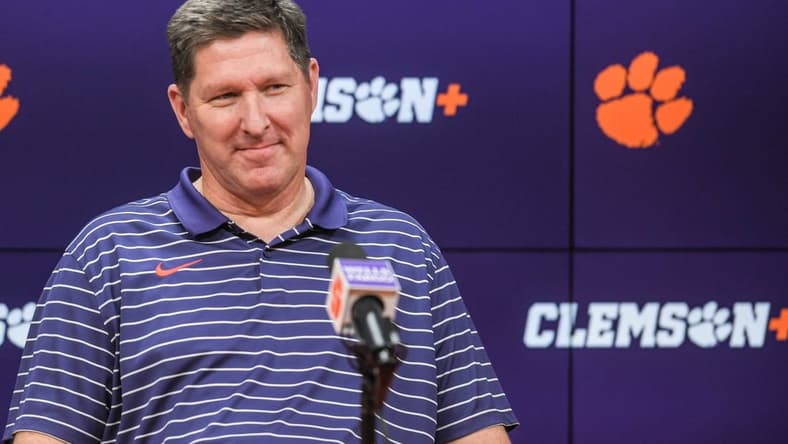 Clemson men's basketball Brad Brownell talks in the Smart Family Media Center at the Smart Family Media Center at the Poe Indoor Practice Facility in Clemson, S.C. Tuesday, November 14, 2023.