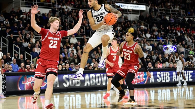 Nov 14, 2023; Providence, Rhode Island, USA; Providence Friars guard Devin Carter (22) grabs a pass during the first half against the Wisconsin Badgers at Amica Mutual Pavilion. Mandatory Credit: Eric Canha-USA TODAY Sports