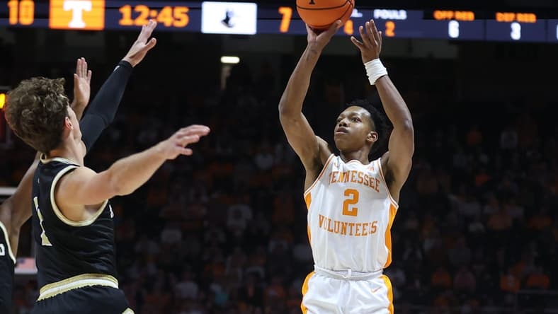 Nov 14, 2023; Knoxville, Tennessee, USA; Tennessee Volunteers guard Jordan Gainey (2) shoots a three pointer against the Wofford Terriers during the first half at Thompson-Boling Arena at Food City Center. Mandatory Credit: Randy Sartin-USA TODAY Sports
