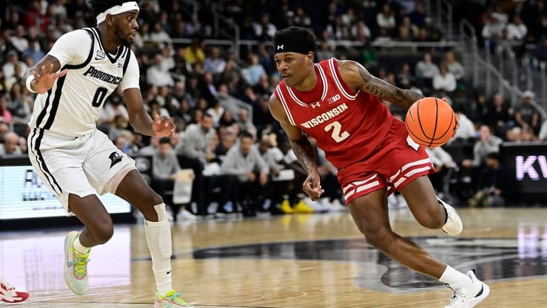 Nov 14, 2023; Providence, Rhode Island, USA; Wisconsin Badgers guard AJ Storr (2) drives the ball up the court during the second half against the Providence Friars at Amica Mutual Pavilion. Mandatory Credit: Eric Canha-USA TODAY Sports