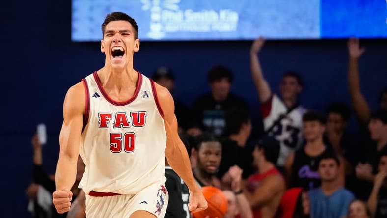 Nov 14, 2023; Boca Raton, Florida, USA; Florida Atlantic Owls center Vladislav Goldin (50) celebrates scoring against the Eastern Michigan Eagles during the second half at Eleanor R. Baldwin Arena. Mandatory Credit: Rich Storry-USA TODAY Sports