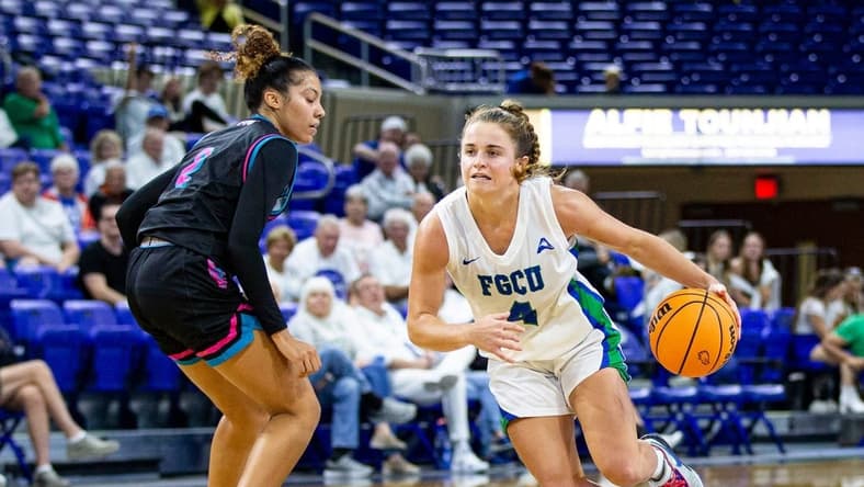 Dolly Cairns #4 of the Florida Gulf Coast University women  s basketball team drives to the basket in a win over Florida International University at FGCU on Tuesday, Nov. 14, 2023.