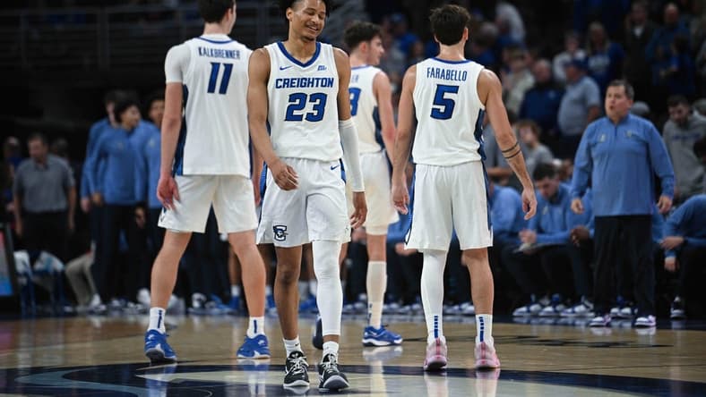 Nov 14, 2023; Omaha, Nebraska, USA; Creighton Bluejays guard Trey Alexander (23) reacts to late game action against the Iowa Hawkeyes in the second half at CHI Health Center Omaha. Mandatory Credit: Steven Branscombe-USA TODAY Sports