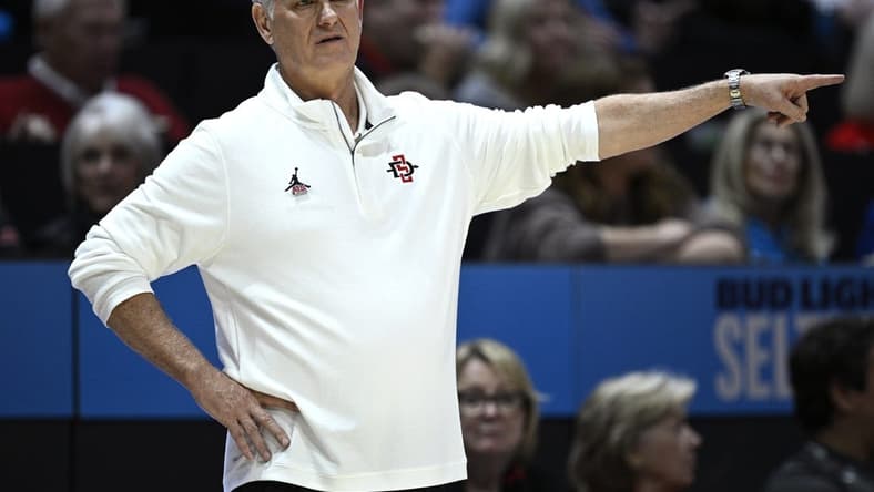 Nov 14, 2023; San Diego, California, USA; San Diego State Aztecs head coach Brian Dutcher gestures from the sideline against the Long Beach State 49ers during the second half at Viejas Arena. Mandatory Credit: Orlando Ramirez-USA TODAY Sports