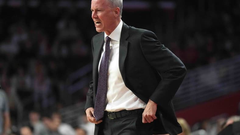Nov 14, 2023; Los Angeles, California, USA; Southern California Trojans head coach Andy Enfield reacts against the UC Irvine Anteaters in the first half at Galen Center. Mandatory Credit: Kirby Lee-USA TODAY Sports