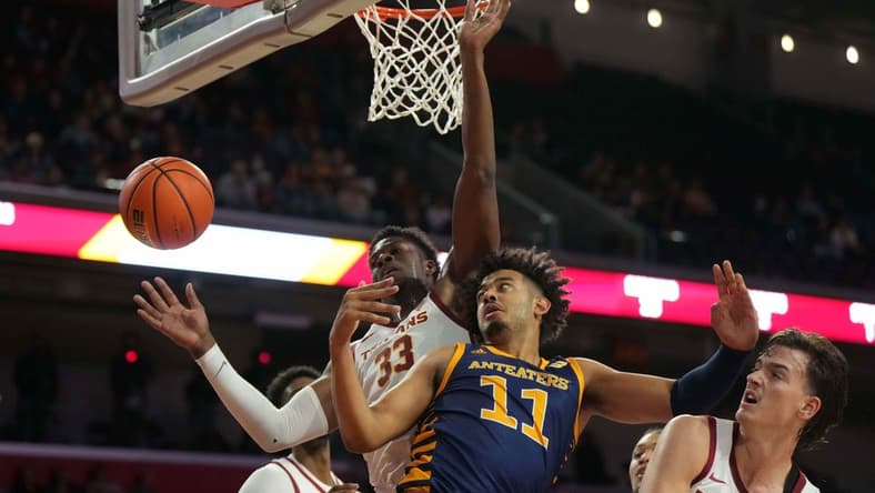 Nov 14, 2023; Los Angeles, California, USA; UC Irvine Anteaters forward Devin Tillis (11) battles for the ball with Southern California Trojans forward Kijani Wright (33) and forward Harrison Hornery (30) in the first half at Galen Center. Mandatory Credit: Kirby Lee-USA TODAY Sports