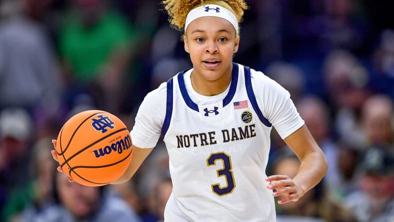 Nov 15, 2023; South Bend, Indiana, USA; Notre Dame Fighting Irish guard Hannah Hidalgo (3) dribbles in the second half against the Northwestern Wildcats at the Purcell Pavilion. Mandatory Credit: Matt Cashore-USA TODAY Sports