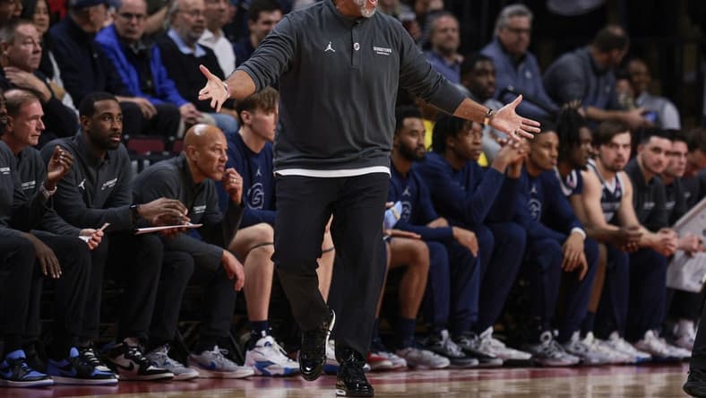 Nov 15, 2023; Piscataway, New Jersey, USA; Georgetown Hoyas head coach Ed Cooley reacts during the first half against the Rutgers Scarlet Knights at Jersey Mike's Arena. Mandatory Credit: Vincent Carchietta-USA TODAY Sports