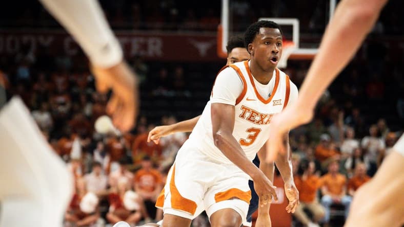 Texas guard Max Abmas (3) brings the ball down the court in the second half of Longhorns' game against the Rice Owls at the Moody Center in Austin, Wednesday, Nov. 15, 2023. Texas won the game 80-64.